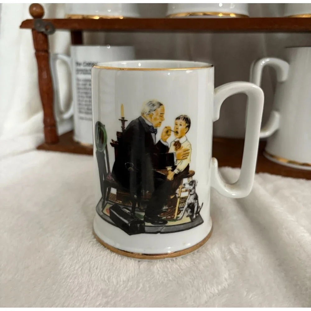 Vintage Norman Rockwell 1985-86 Mugs & Wooden Holder